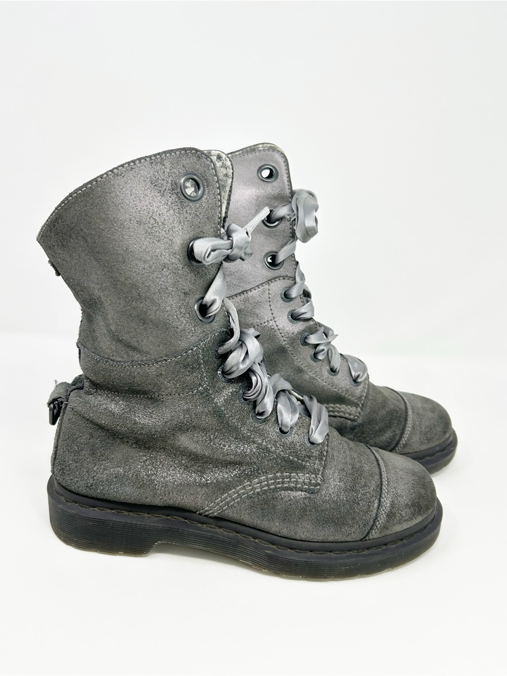 Dr. Martens Aimilie Womens Mid-Calf Lace-Up Combat Boots Metallic Gray Size 9